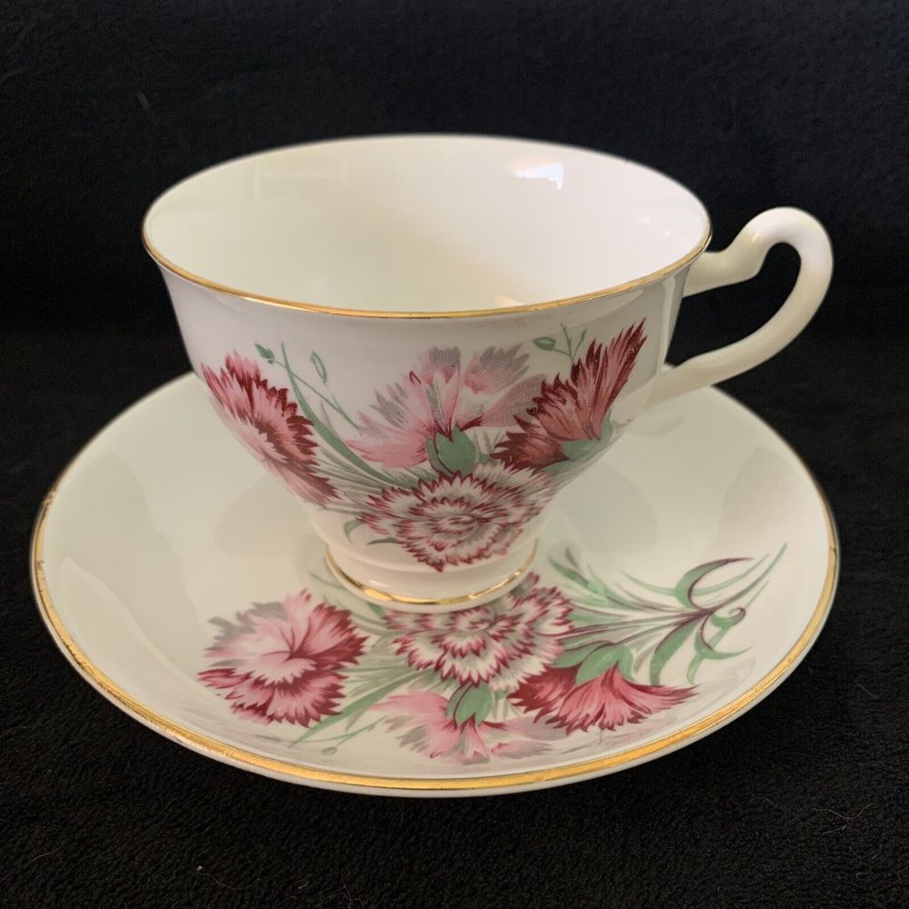 Vintage Crownford CARNATIONS Tea Cup & Saucer, FINE BONE CHINA Made in ENGLAND